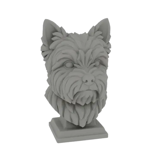 3D model render of a grey West Highland White Terrier bust sculpture on a square pedestal, set against a black background.