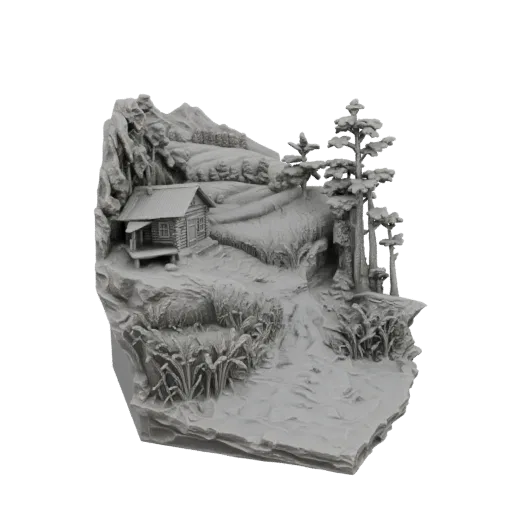 3D-Modell einer rustikalen Blockhütten-Dioramas mit gewundenem Pfad, Kiefern und felsigem Gelände.