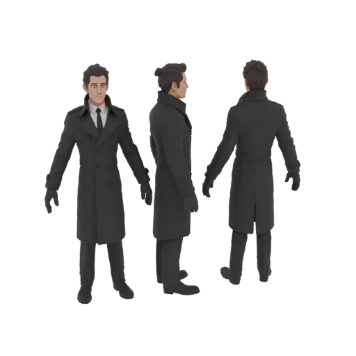 3D model of Dunn Smith, a man in a black trench coat, shown from front, side, and back views.