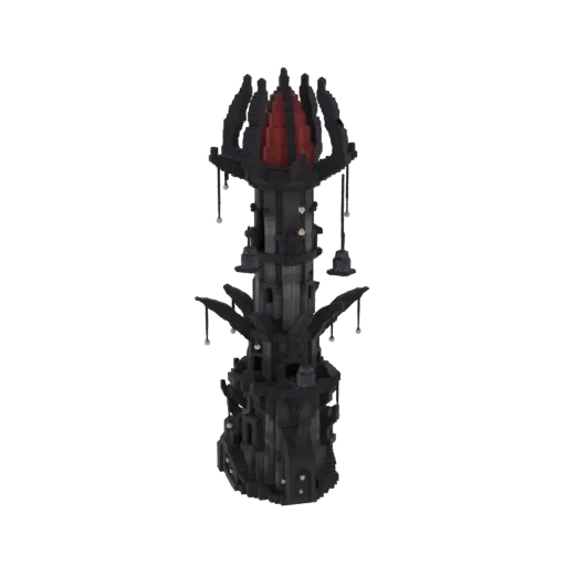 Modelo 3D estilo voxel de una torre alta y oscura con arquitectura gótica, coronada por un cristal rojo brillante.