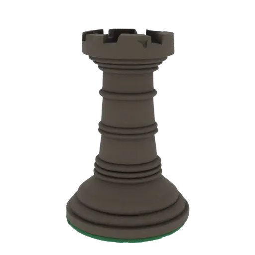 A 3D model of a classic chess rook with a dark, matte finish, set against a black background.