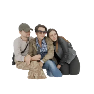 3D model of three friends sitting together, one leaning on another's shoulder, with a friendly expression.