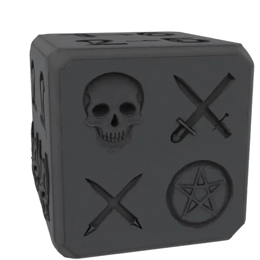 Modello 3D di un dado D6 dark fantasy con simboli incisi di teschio, spade, graffi d'artiglio, triangoli, pentagramma ed elmo