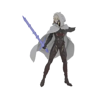Modelo 3D de um guerreiro fantasia com capa branca com capuz, armadura escura e espada de energia roxa brilhante, em pose din