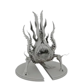 A grey 3D render of a grotesque, tentacled abomination creature with a large mouth and sharp teeth, standing on a circular ba