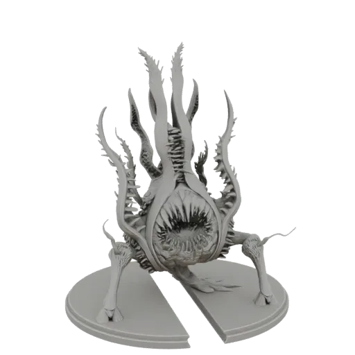 A grey 3D render of a grotesque, tentacled abomination creature with a large mouth and sharp teeth, standing on a circular ba