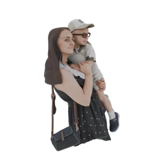 3D model of a mother holding a child, both looking to the side, with the mother wearing a polka dot dress and a shoulder bag.