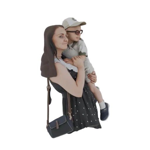 Modelo 3D de una madre sosteniendo a un niño, ambos mirando hacia un lado, con la madre vistiendo un vestido de lunares y un