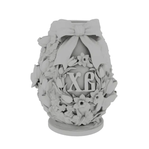3D model of a white, ornate Easter egg with a detailed floral wreath and the "XH" monogram, topped with a bow.