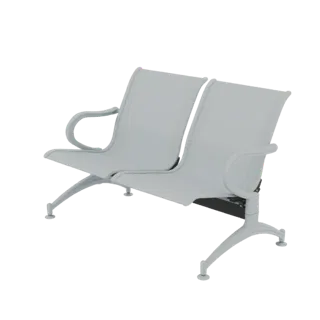 Un rendu 3D d'une chaise de salle d'attente moderne gris clair pour deux personnes avec un cadre métallique élégant, présenté