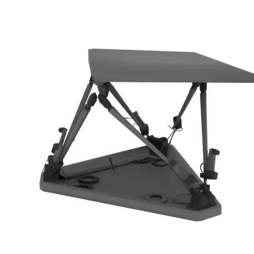 3D model of a grey triangular canopy structure with angled support legs against a black background.