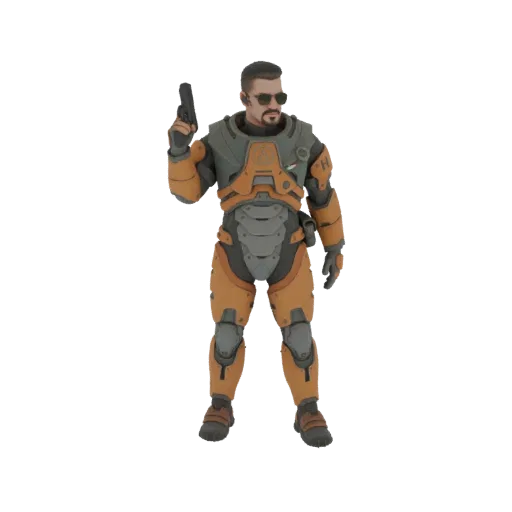 3D model of Gordon Freeman in his HEV suit, holding a pistol, with a determined expression and sunglasses.