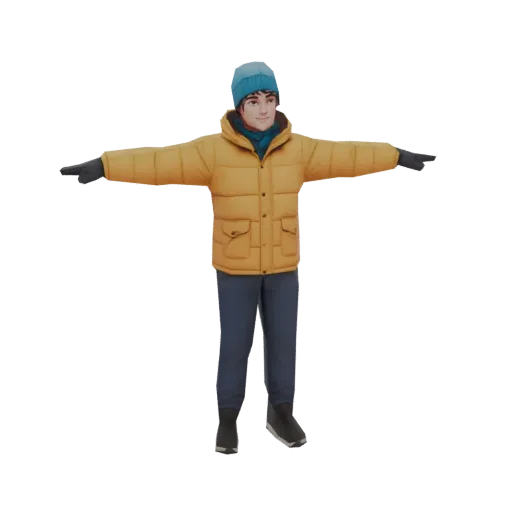 3D model of a male character in a T-pose, wearing a yellow puffer jacket, blue beanie, and scarf, against a black background.
