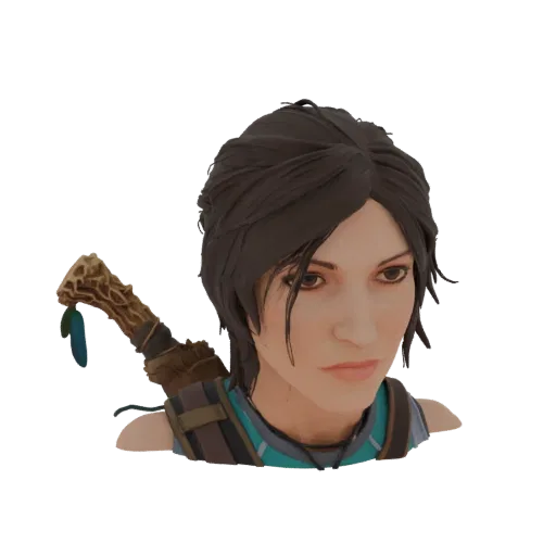 3D model bust of Lara Croft, the iconic adventurer, with dark hair and a determined expression.