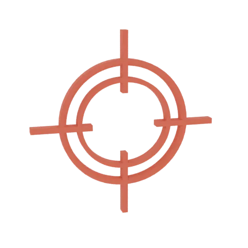 3D model render of a red crosshair target reticle with concentric circles and intersecting lines.