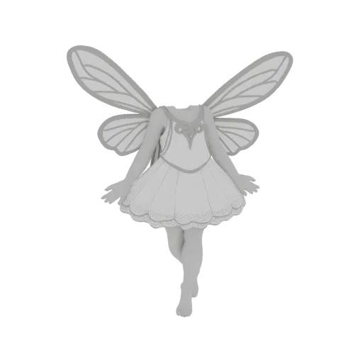 Ein graues 3D-Modell einer Fee mit großen, detaillierten Flügeln und einem kurzen, geschichteten Kleid, anmutig posiert.
