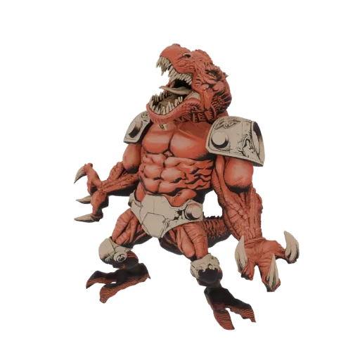 A fierce red dinosaur warrior 3D model with light-colored armor, sharp claws, and an open mouth, posed dynamically.