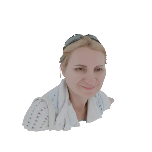 3D model of a blonde woman wearing sunglasses and a white cardigan, smiling gently.