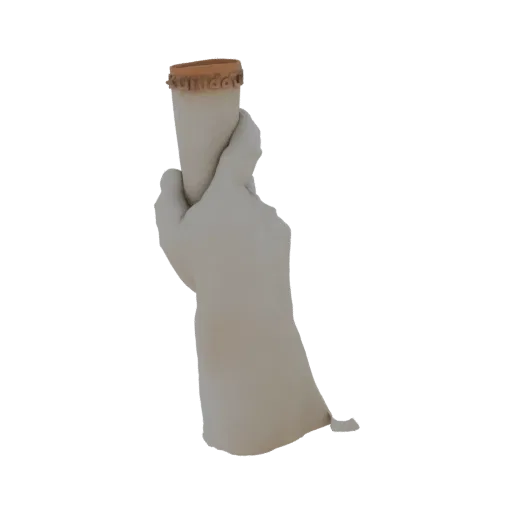 3D model of a light-skinned hand holding a cigarette, with the filter end visible.