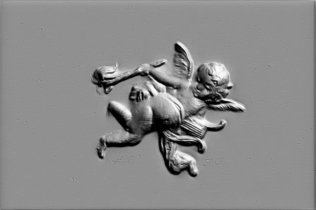 3D model of Amur bas-relief flying with a torch, in classic style.