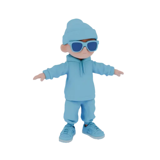 Modelo 3D de personaje estilizado con sudadera azul claro, pantalón, gorro y gafas de sol, en pose T.