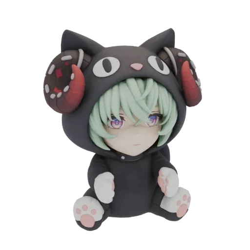 Modèle 3D d'un personnage chibi portant une capuche de chat noir avec des cornes de démon aux pointes rouges, assis.
