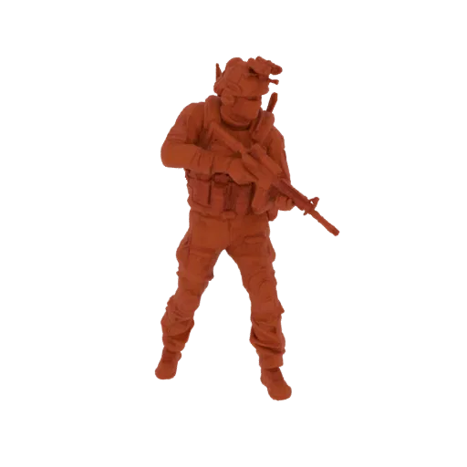 3D-Modell eines modernen Soldaten in taktischer Ausrüstung, der ein Gewehr hält, mit Nachtsichtgerät auf dem Helm.