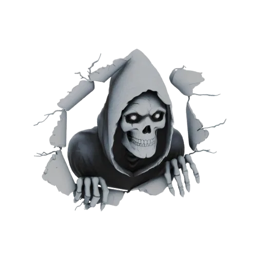 3D model of the Grim Reaper breaking through a cracked wall, with glowing eyes and skeletal hands.
