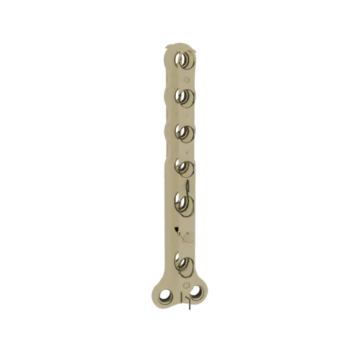 3D-Modell einer medizinischen Knochenplatte mit mehreren Schraubenlöchern, dargestellt vor schwarzem Hintergrund.