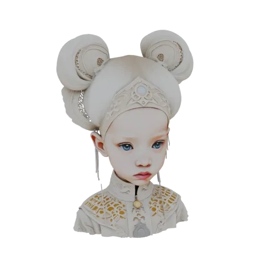 3D model of a young fantasy child empress with white hair in buns, wearing an ornate white and gold gown and a tiara.