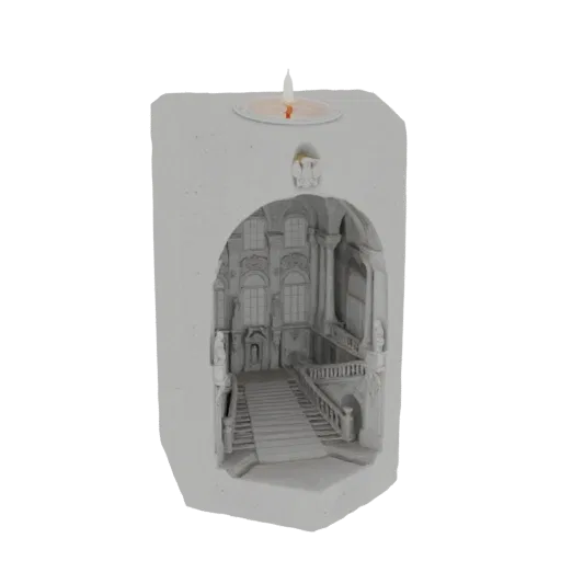 3D model render of a white Baroque staircase inside a candle holder, with a lit candle on top.