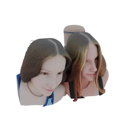 AI-generated 3D model of two young girls' busts, side-by-side, with detailed faces and hair.
