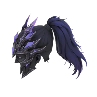 Modelo 3D de uma máscara de guerreiro dark fantasy com detalhes roxos afiados e um rabo de cavalo escuro e esvoaçante, visto