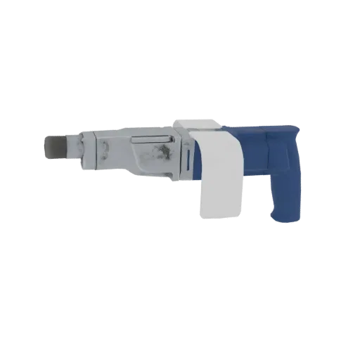 Side view of a 3D model of an industrial pneumatic nail gun with a gray metallic body and a blue handle, showing realistic we