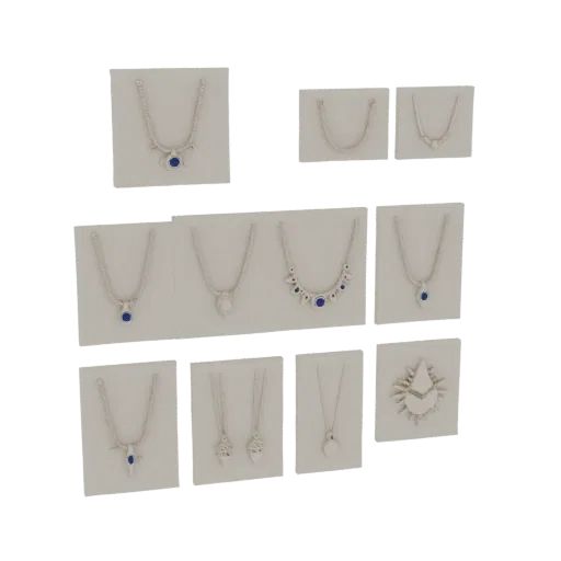 Modelo 3D colecionável de detalhe do Conjunto Mínimo de Joias, renderização de estúdio de cima para baixo, mostrando a silhue