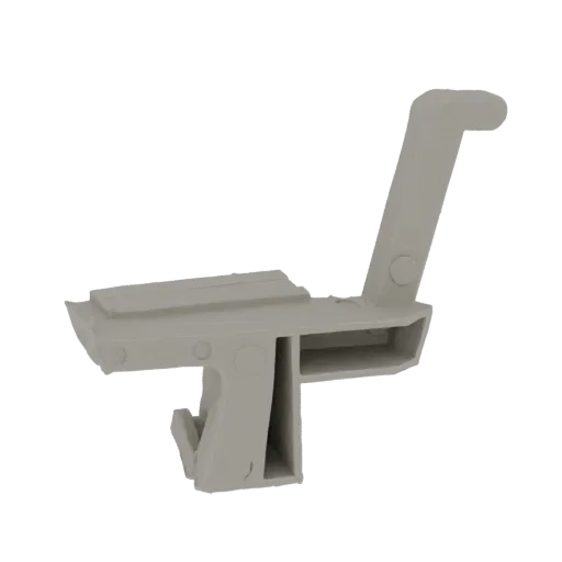 A 3D render of a modern, light gray window latch mechanism with a handle and visible locking components.
