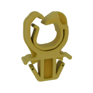 3D render of a yellow plastic cable clip with a U-shaped opening and two mounting tabs at the base.