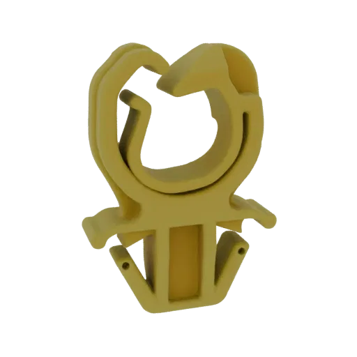 Rendu 3D d'un clip de câble jaune en plastique avec une ouverture en forme de U et deux pattes de montage à la base.