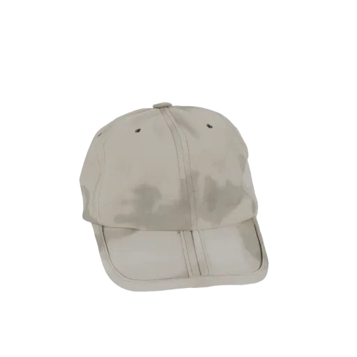 A 3D render of a light beige baseball cap with visible water stains, presented on a white background.