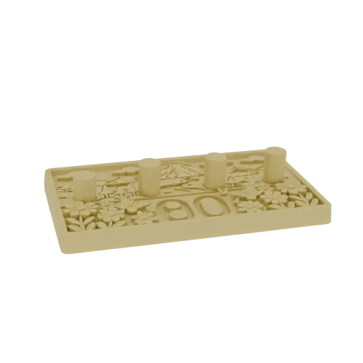 3D model of a Japanese garden diorama with four pillars, flowers, and a mountain backdrop, rendered in a beige material.