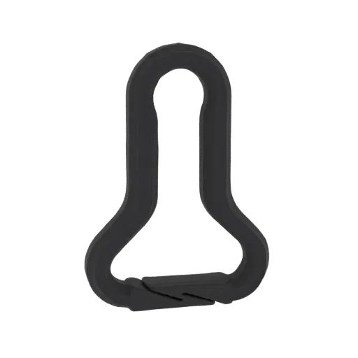 3D model of a black carabiner clip with a spring-loaded gate and an integrated hook, shown against a white background.