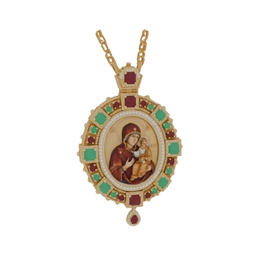 3D model of an ornate gold pendant featuring a religious icon of the Virgin Mary and Child, surrounded by red and green gemst