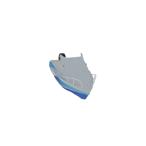A 3D model of a sleek speedboat with a white hull and blue wave accents, viewed from a slightly elevated side angle.