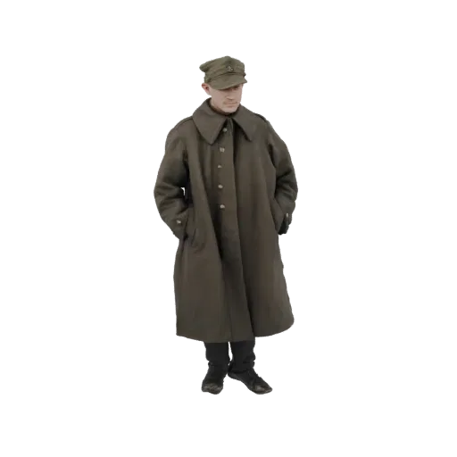 3D model of a WWII soldier wearing a long olive-drab trench coat and a matching cap, with hands in pockets.