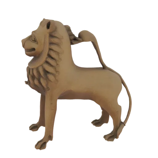3D model of an ancient Indian lion sculpture with a stylized mane and an integrated handle arching over its back, rendered in