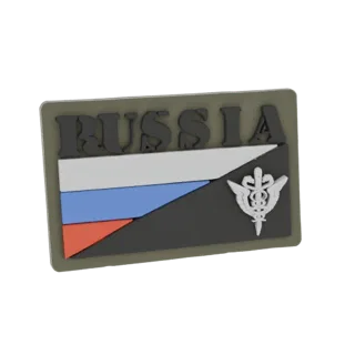 Modello 3D di una toppa medica militare russa con la bandiera russa e un emblema del caduceo, su uno sfondo scuro con un bord