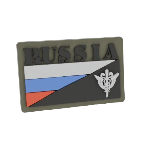 Modello 3D di una toppa medica militare russa con la bandiera russa e un emblema del caduceo, su uno sfondo scuro con un bord