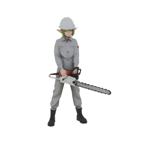 3D model of a fantasy elf character dressed as a lumberjack, holding a chainsaw, with green hair and a white hard hat.
