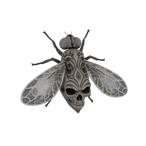 3D model of a gothic fly with a skull on its abdomen and intricate wing patterns, set against a white background.