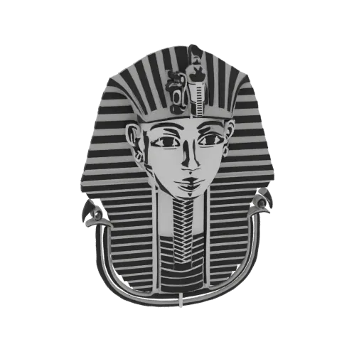 3D model of an ancient Egyptian Pharaoh's mask, featuring a striped nemes headdress and serene facial features, presented aga